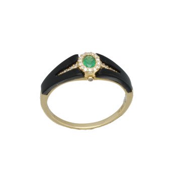 Geelgouden Art deco ring met smaragd briljant & Onix